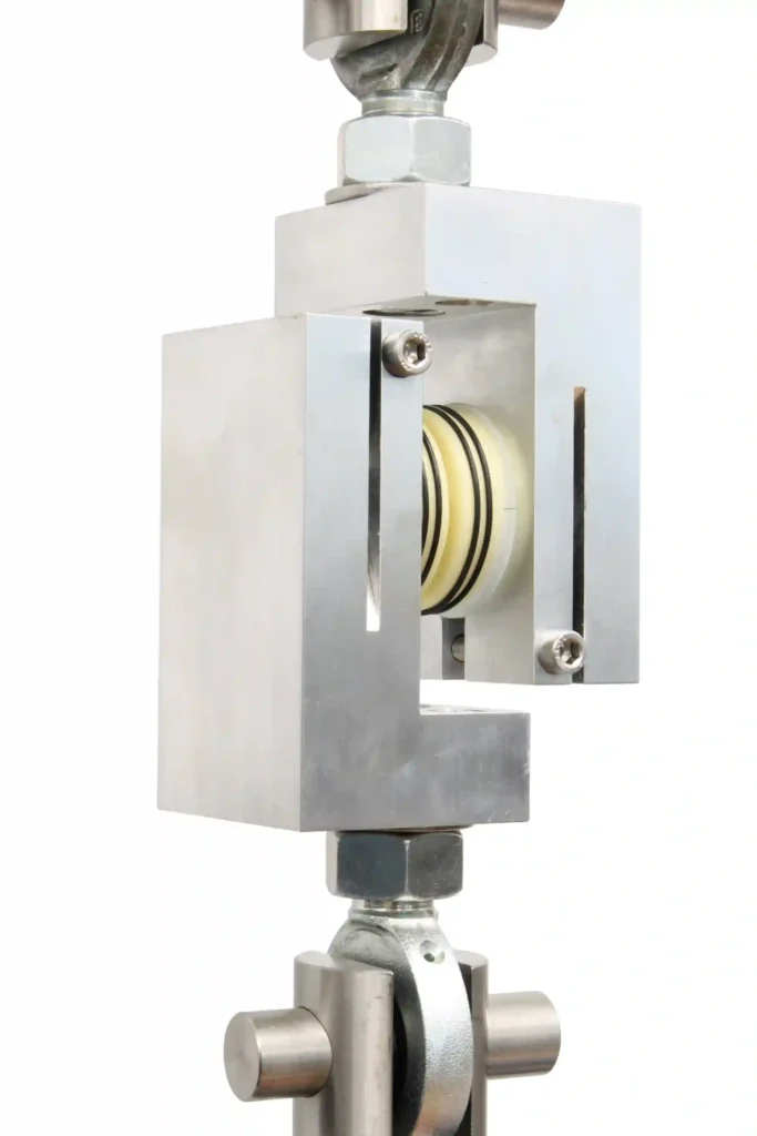 Photograph of the setup used for ASTM F3574 testing in shear loading mode.