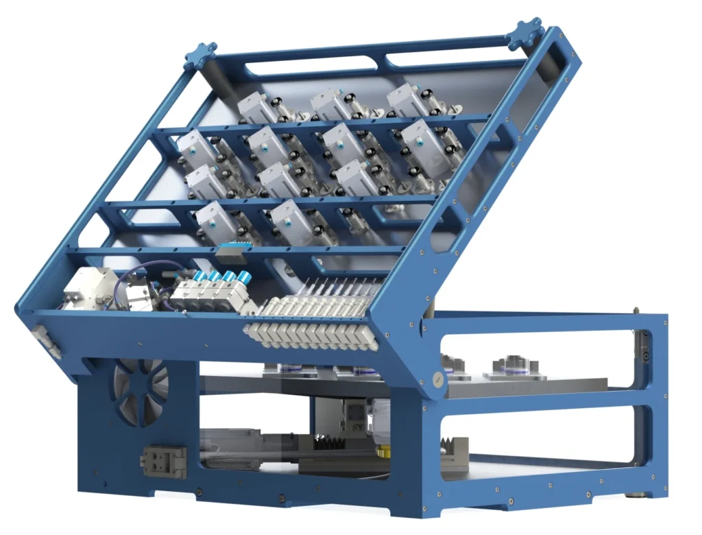 The image is a rendering of a pin on disc testing machine.