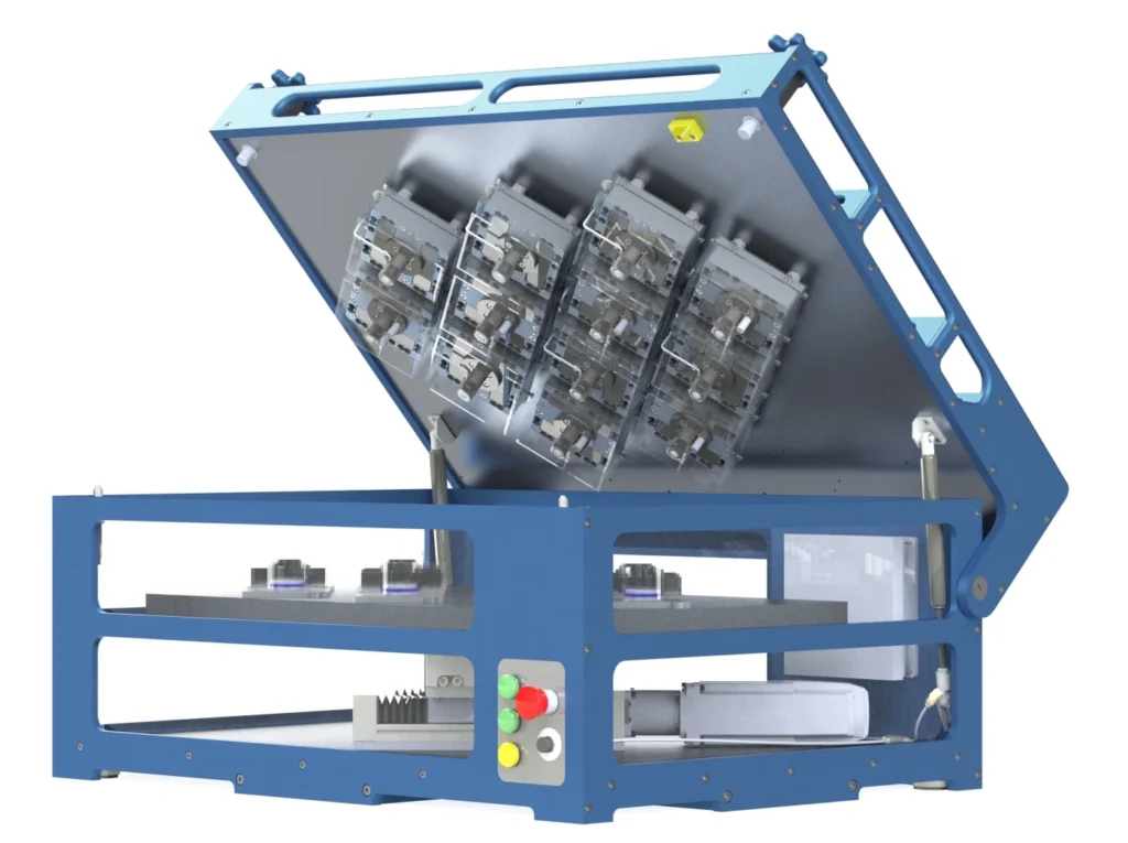 The image is a rendering of a pin on disc testing machine.